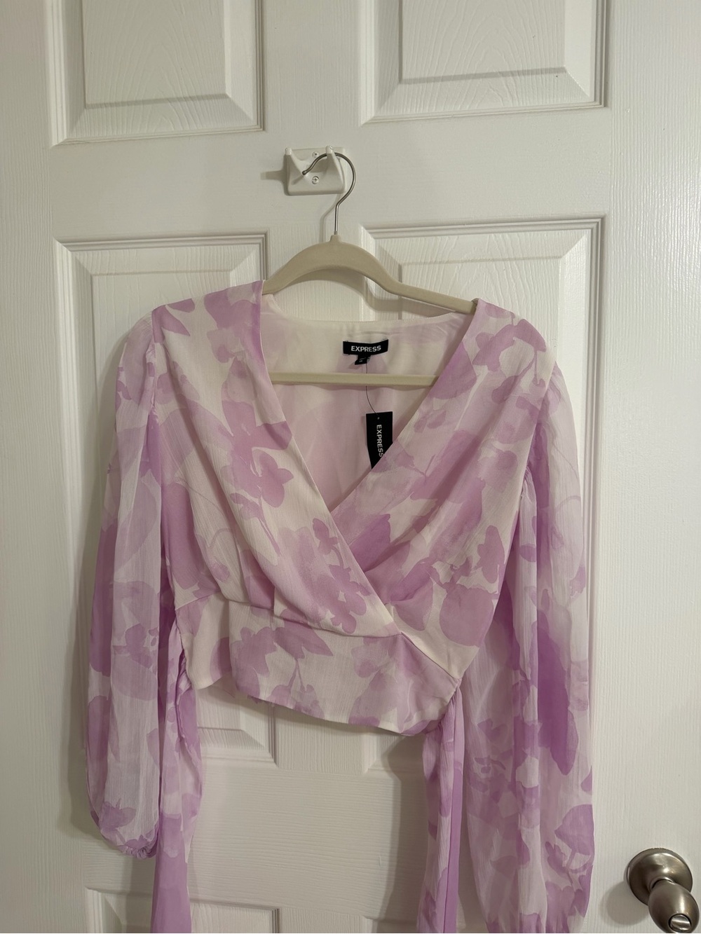 Express Lilac Floral Wrap Blouse - Sheer Lavender Print